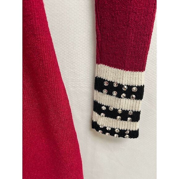 Vintage Womens Long Sleeve Embellished Stones Ribbed Stretch Skater Dress Red - Picture 4 of 10